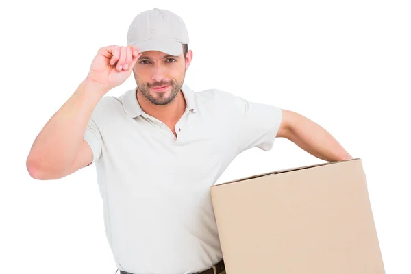 Delivery man with cardboard box wearing cap — Stock Photo, Image