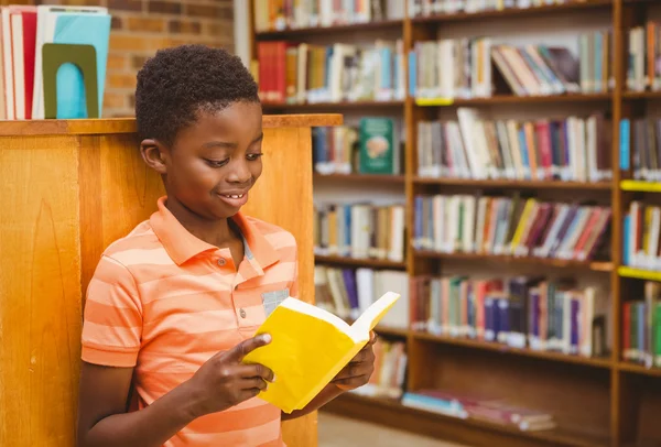 Carino ragazzo lettura libro in biblioteca — Foto Stock