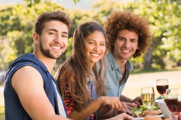 Amigos felizes no parque almoçando — Fotografia de Stock