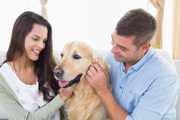 Casal acariciando cão em casa — Fotografia de Stock