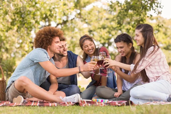 Amigos felizes no parque fazendo piquenique — Fotografia de Stock