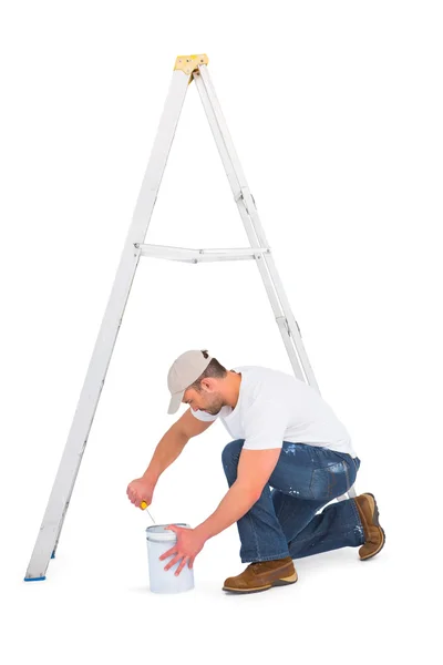 Handyman com rolo de pintura e escada — Fotografia de Stock