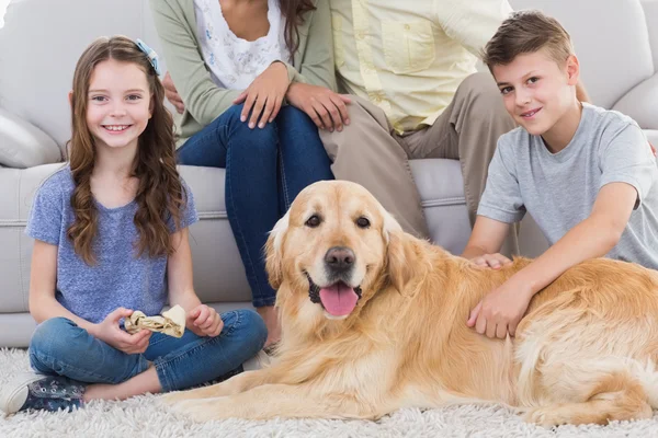 Братья и сёстры с собакой и родителями сидят позади — стоковое фото