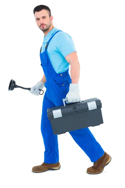 Plumber with plunger and toolbox — Stock Photo, Image