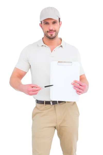 Entrega hombre dando portapapeles para la firma — Foto de Stock