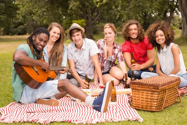 Happy vänner i parken ha picknick — Stockfoto