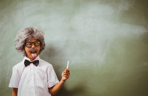 Niño vestido como profesor senior en frente de pizarra —  Fotos de Stock