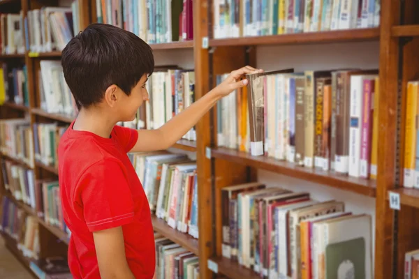 Oldalnézetből a fiú kiválasztás könyv-ban könyvtár — Stock Fotó
