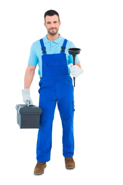 Plumber with plunger and toolbox — Stock Photo, Image