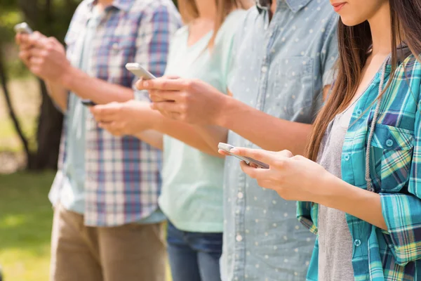 Amigos felices en el parque usando sus teléfonos —  Fotos de Stock