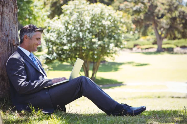 Бизнесмен использует ноутбук в парке — стоковое фото