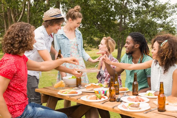 Glückliche Freunde im Park beim Mittagessen — Stockfoto