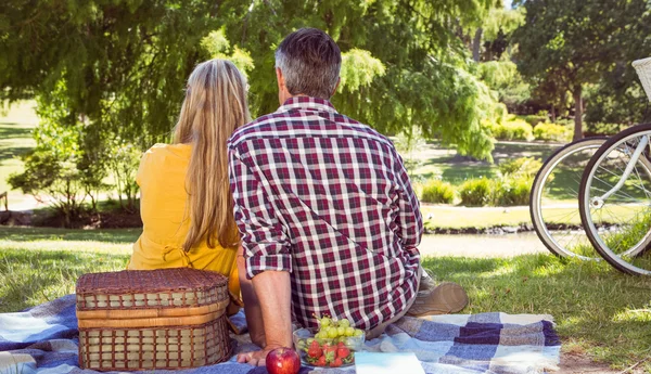 Paar met picknick in het park — Stockfoto