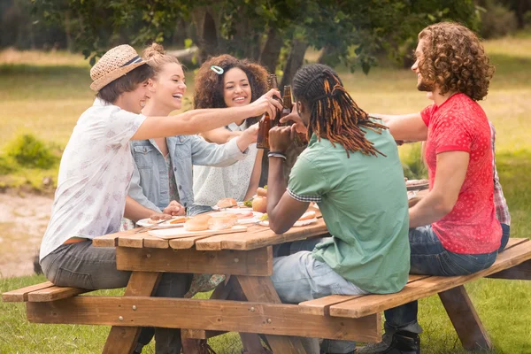 Glückliche Freunde im Park beim Mittagessen — Stockfoto