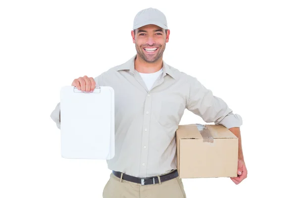 Delivery man showing clipboard — Stock Photo, Image