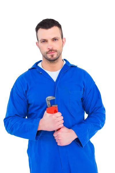 Mechanic holding monkey wrench — Stock Photo, Image