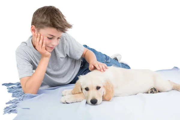 Мальчик гладит собаку, лежа на одеяле — стоковое фото