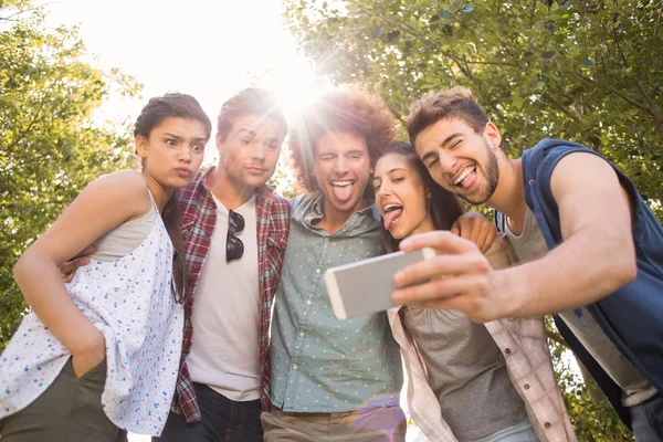 Amici felici nel parco prendendo selfie — Foto Stock