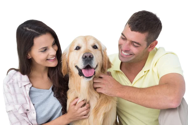 Amor casal acariciando cão — Fotografia de Stock