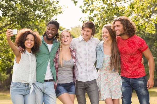 Amici felici nel parco prendendo selfie — Foto Stock