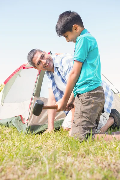 Tata şi fiul îşi întind cortul — Fotografie, imagine de stoc