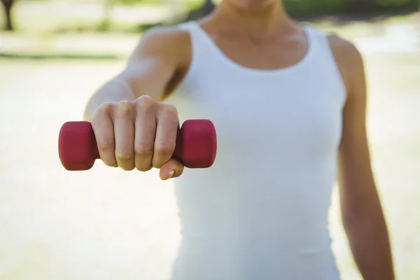 Fit woman lifting dumbbell in park — Stock Photo, Image