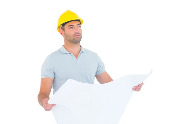 Thoughtful male architect holding blueprint — Stock Photo, Image