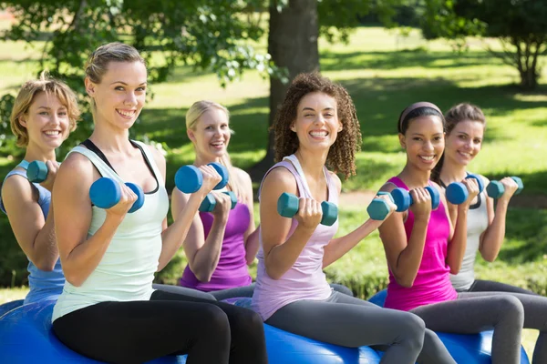 Fitness group lifting hand weights in park — Stock Photo, Image