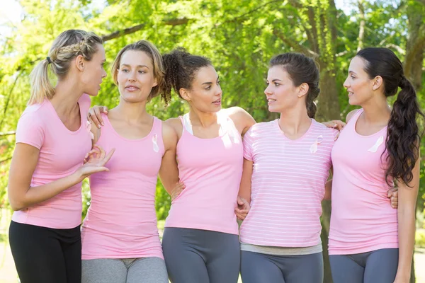 Mujeres sonrientes en rosa para la conciencia del cáncer de mama —  Fotos de Stock