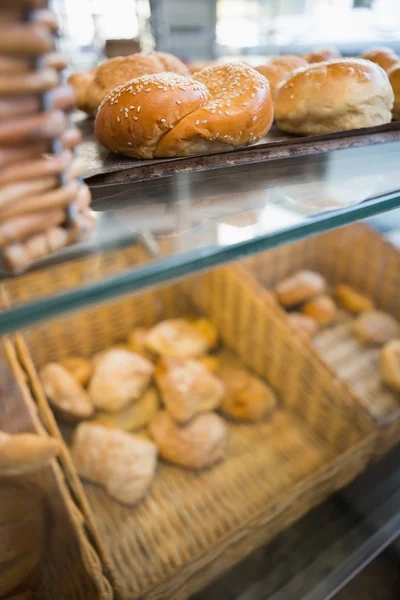 Counter with delicious breads freshly baked — Stock Photo, Image
