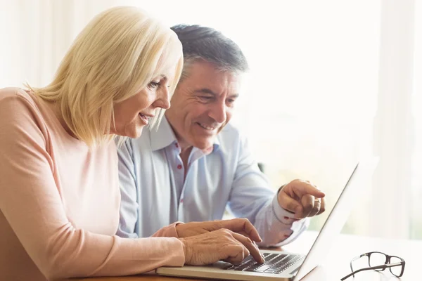 Gelukkige volwassen paar met behulp van laptop — Stockfoto