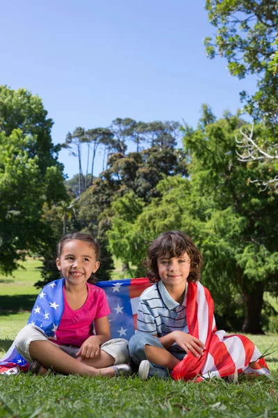 Little siblings with american flag — Stock Photo, Image