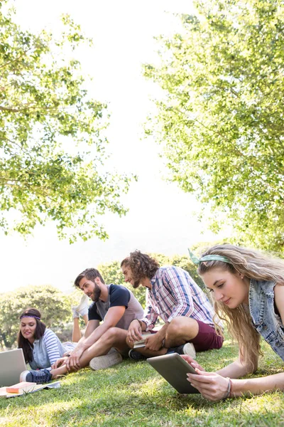 Colegas de turma revisando juntos no campus — Fotografia de Stock