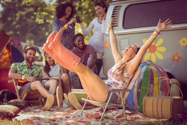 Carefree hipster having fun on campsite — Stock Photo, Image