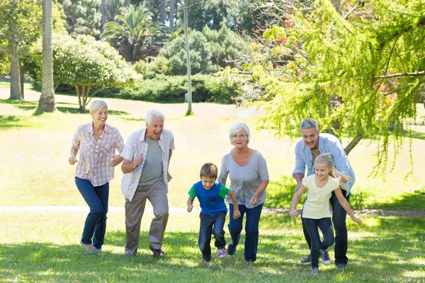 Щаслива родина біжить у парку — стокове фото