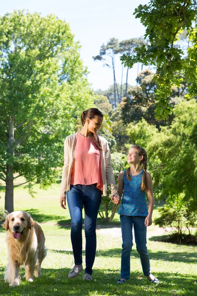 Mãe e filha andando no parque com o cão — Fotografia de Stock