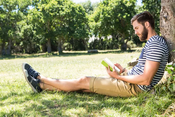 Hipster διαβάζει ένα βιβλίο στο πάρκο — Φωτογραφία Αρχείου