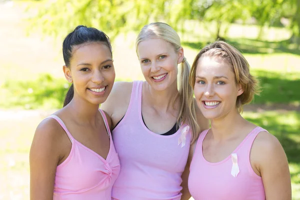 Mulheres sorridentes em rosa para a consciência do câncer de mama — Fotografia de Stock