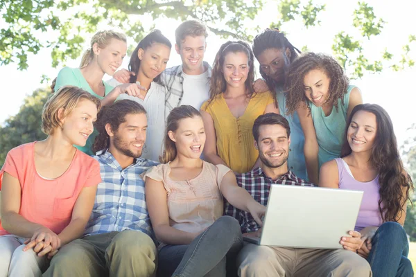 Vrienden kijken naar laptop in het park — Stockfoto
