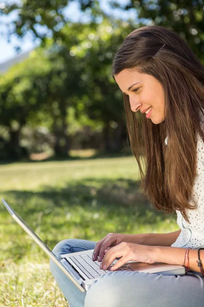 Morena bonita usando laptop no parque — Fotografia de Stock