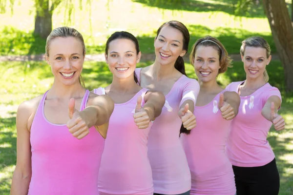 Mulheres sorridentes em rosa para a consciência do câncer de mama — Fotografia de Stock