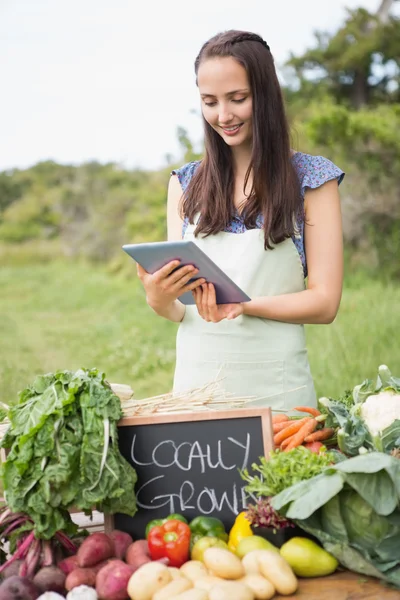 Vrouw verkoop van biologische groenten op markt — Stockfoto