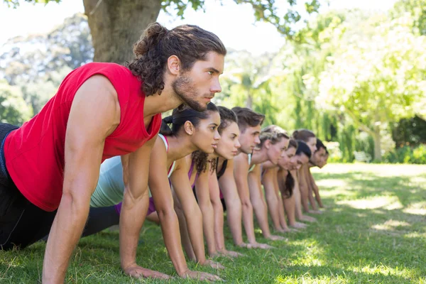 Fitness groep planking in park — Stockfoto