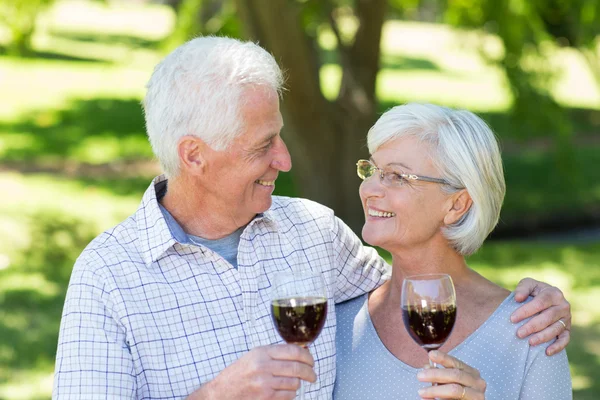 Happy senior couple drinking at the park — Stock Photo, Image