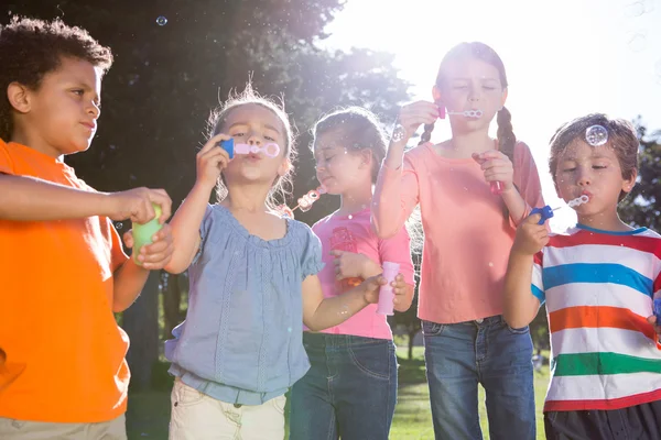 Weinig vrienden waait bubbels in park — Stockfoto