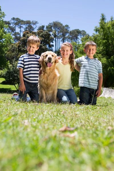 Heureux frères et sœurs avec leur chien — Photo