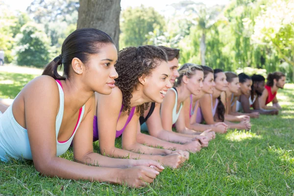 Fitness group planking in park — Stock Photo, Image