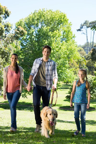 Happy family walking their dog in the park — Stock Photo, Image