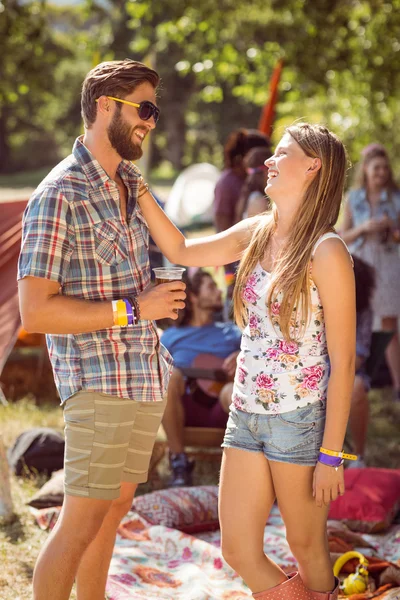 Hipster friends chatting on campsite — Stock Photo, Image