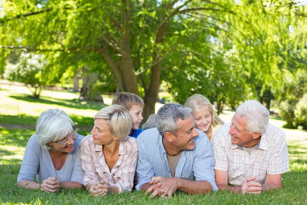 Família feliz conversando no parque — Fotografia de Stock